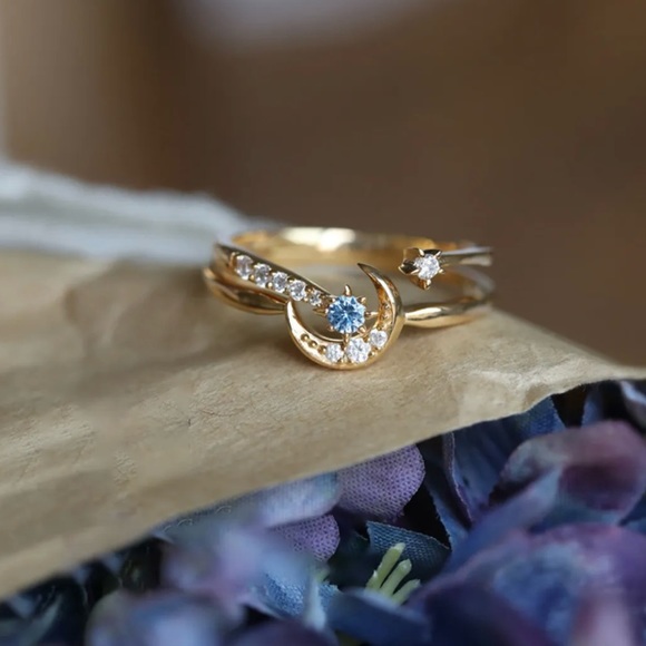 18k GOLD PLATING OVER SOLID STERLING SILVER 925 STAR & MOON STACKABLE RING - Picture 3 of 7